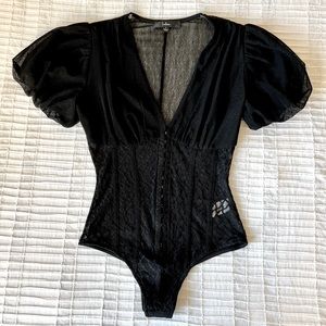 Lulu’s Properly Trendy Mesh Puff-Sleeve Bodysuit - Black